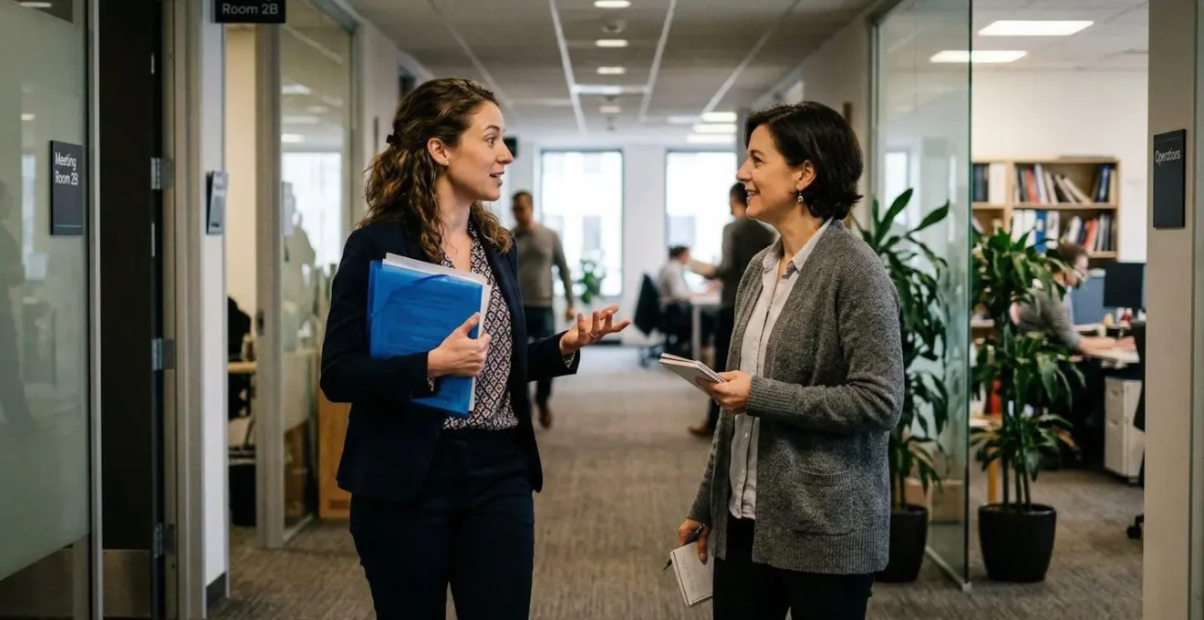 Deux personnes debout dans un couloir d'entreprise, l'une tenant un dossier, en conversation informelle mais sérieuse