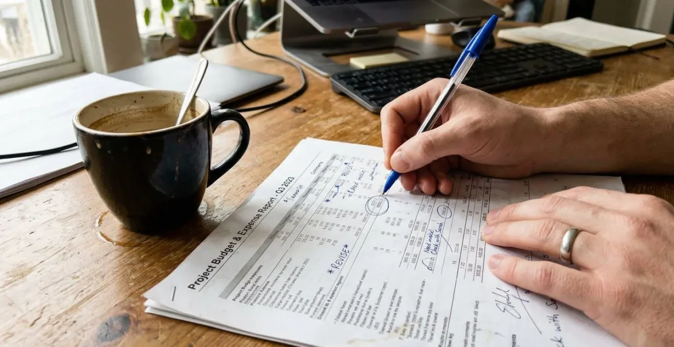 Mains d'une personne annotant un document avec des tableaux et graphiques au stylo, tasse de café visible sur le côté du bureau