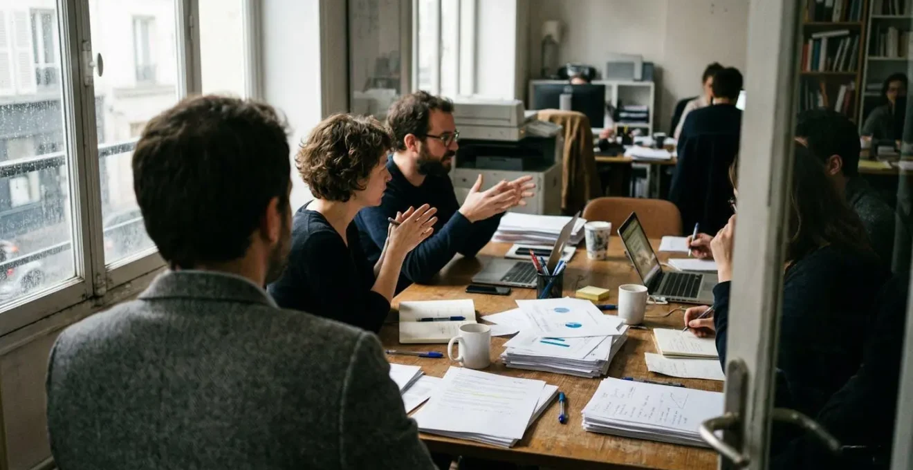 Plusieurs personnes assises autour d'une table de réunion avec des documents éparpillés, ambiance concentrée dans une salle aux stores à moitié baissés