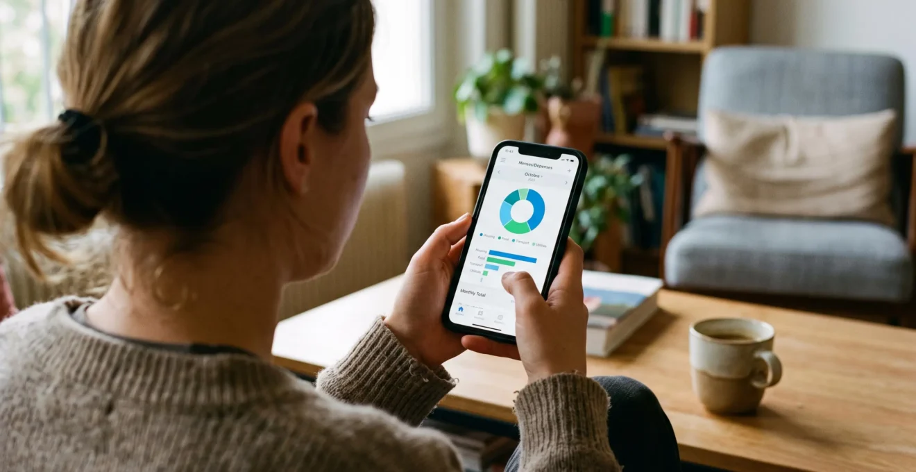 Une personne examine des graphiques de dépenses par catégorie sur une application de gestion budgétaire mobile