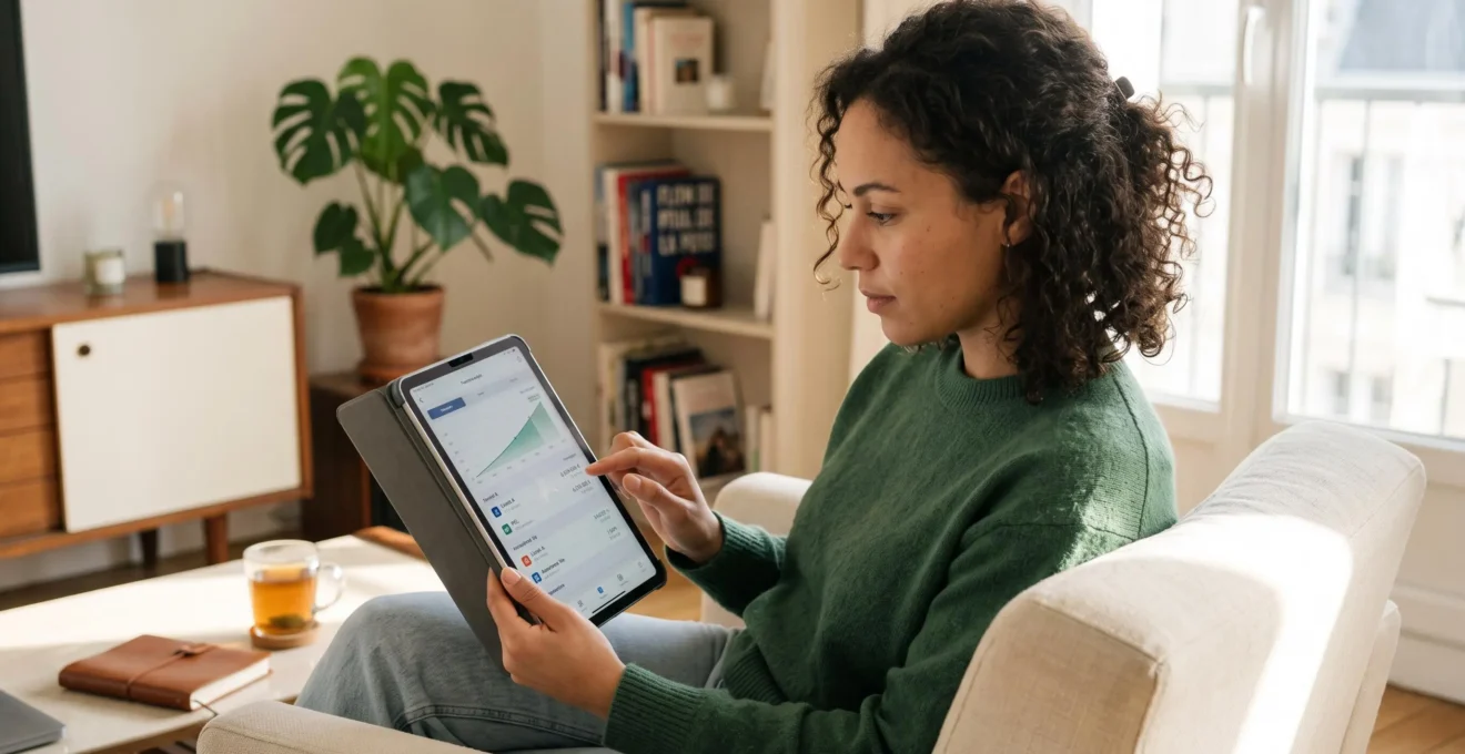 Une jeune personne consulte ses comptes d'épargne et produits d'investissement sur une tablette dans son domicile