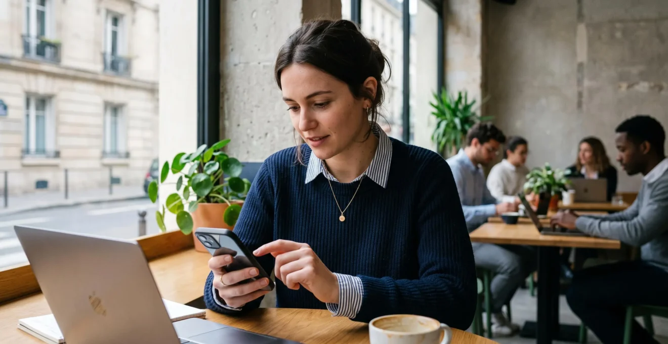 Un jeune professionnel consulte son application bancaire sur son smartphone dans un espace de travail moderne