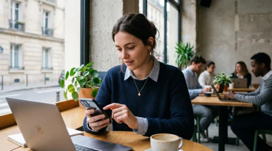 Un jeune professionnel consulte son application bancaire sur son smartphone dans un espace de travail moderne