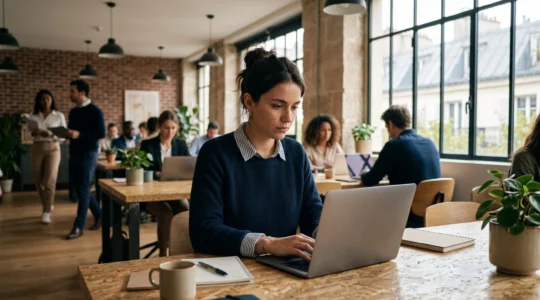 Un jeune professionnel travaille sur son ordinateur portable dans un espace de coworking moderne et lumineux